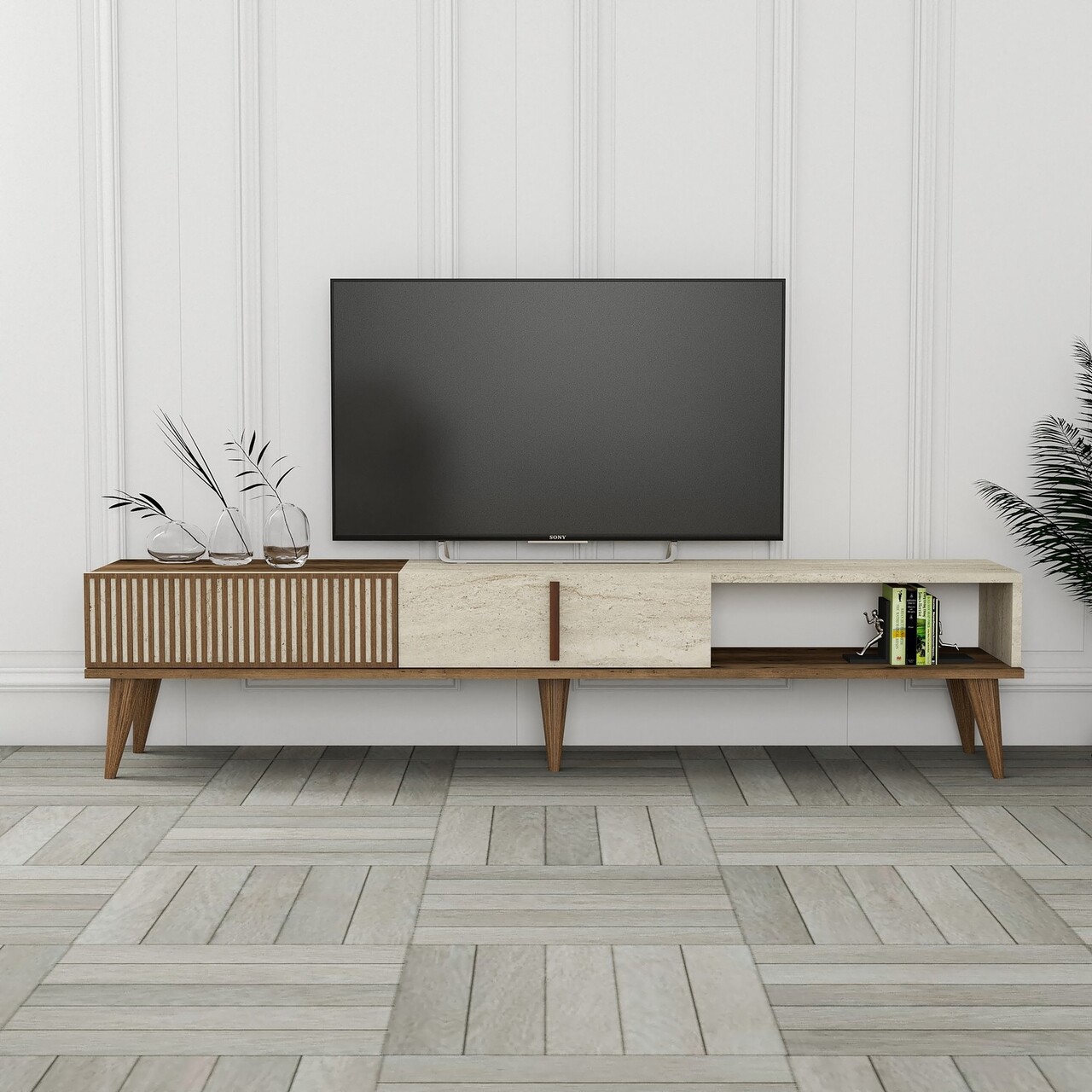 Comoda TV, Hanah Home, Milan, 180x40x35 cm, PAL, Nuc / Travertin - imagine 7